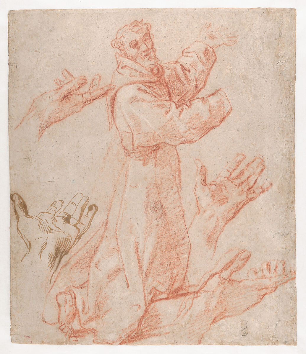 Studies for a Figure of Saint Francis Kneeling in a Three-Quarter View and for His Hands (recto); Studies for a Figure of Saint Francis Kneeling in Profile (verso), Annibale Carracci (Italian, Bologna 1560–1609 Rome), Red chalk with white chalk highlights, pen and brown ink (recto); red chalk (verso) 