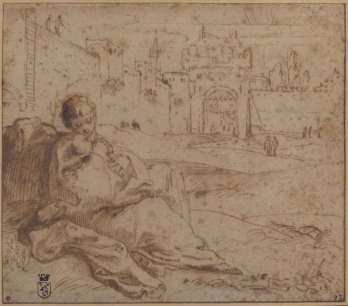 The Virgin and Child Resting Outside a City Gate, Annibale Carracci (Italian, Bologna 1560–1609 Rome), Pen and brown ink, brush with traces of brown wash, on light brown beige paper; traces of framing outlines in pen and brown ink