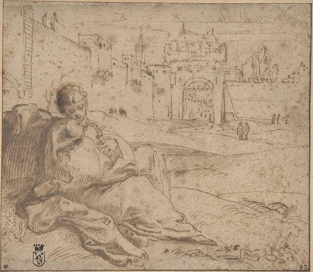 The Virgin and Child Resting Outside a City Gate, Annibale Carracci (Italian, Bologna 1560–1609 Rome), Pen and brown ink, brush with traces of brown wash, on light brown beige paper; traces of framing outlines in pen and brown ink 