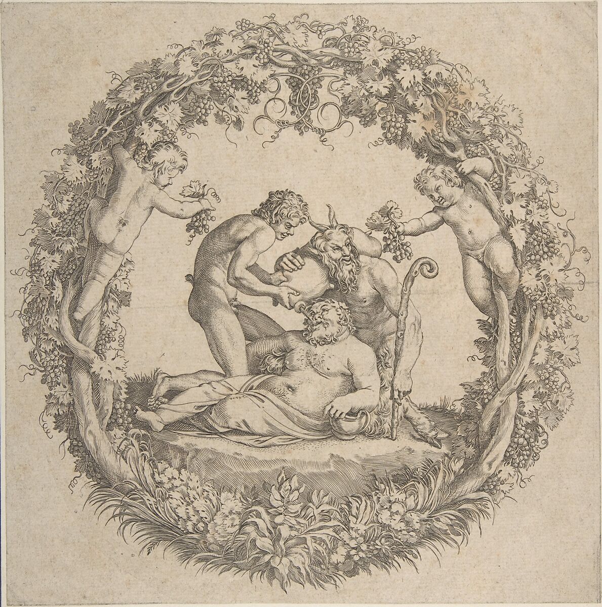 The Drunken Silenus, After Annibale Carracci (Italian, Bologna 1560–1609 Rome), Engraving on Silver 