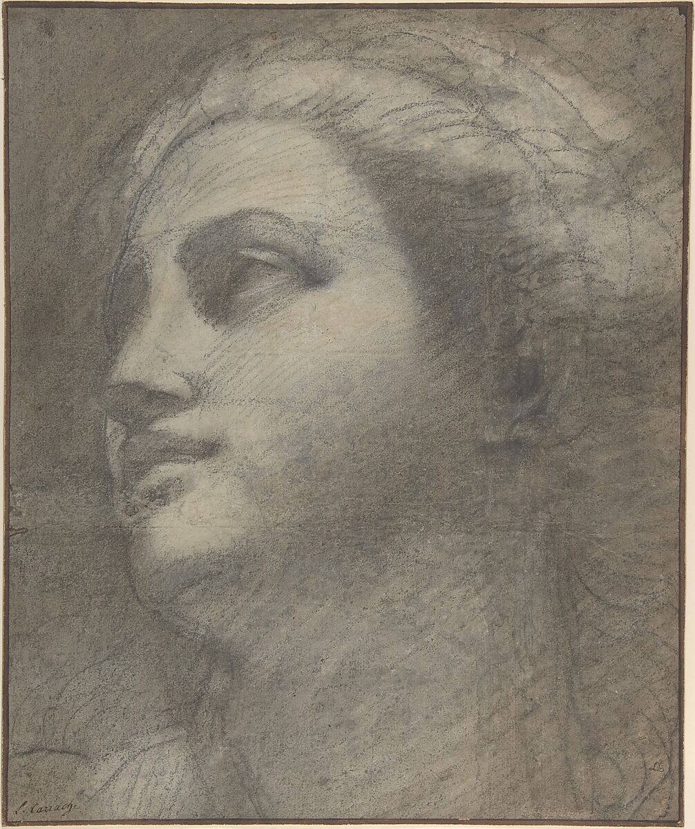 Head of a Woman Looking to Upper Left, Attributed to Annibale Carracci (Italian, Bologna 1560–1609 Rome), Charcoal, highlighted with white chalk, on blue paper faded light- brown 