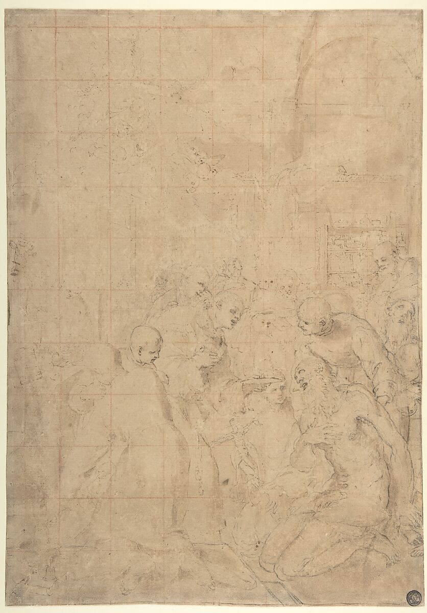 The Last Communion of Saint Jerome, Ludovico Carracci  Italian, Pen and brown ink, brush and brown wash, over traces of black chalk; squared in red chalk