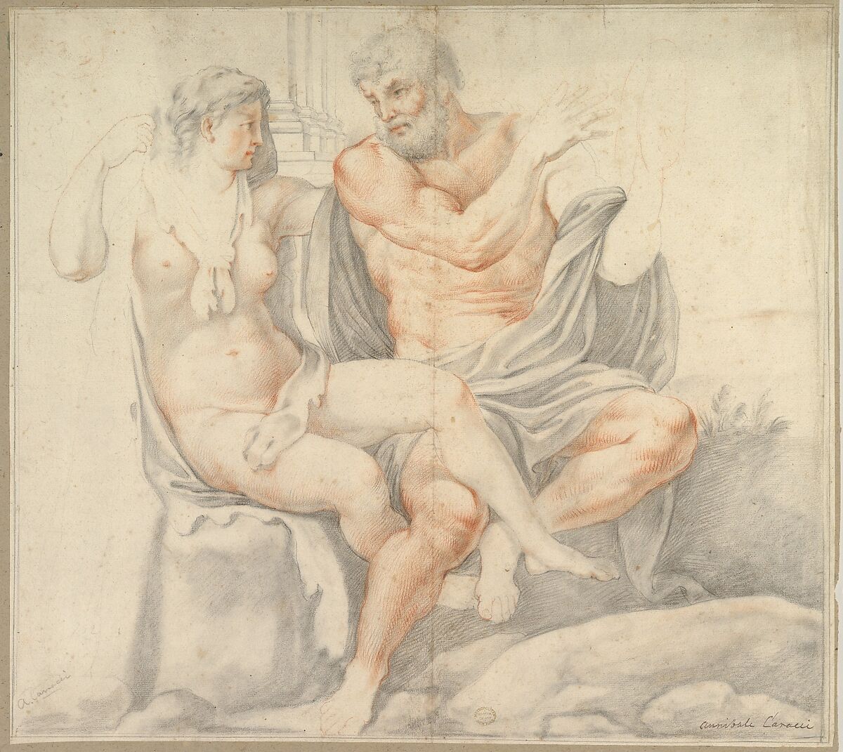 Hercules and Omphale, After Annibale Carracci (Italian, Bologna 1560–1609 Rome), Red and black chalk; outlines partly pricked for transfer; framing outlines in black chalk 