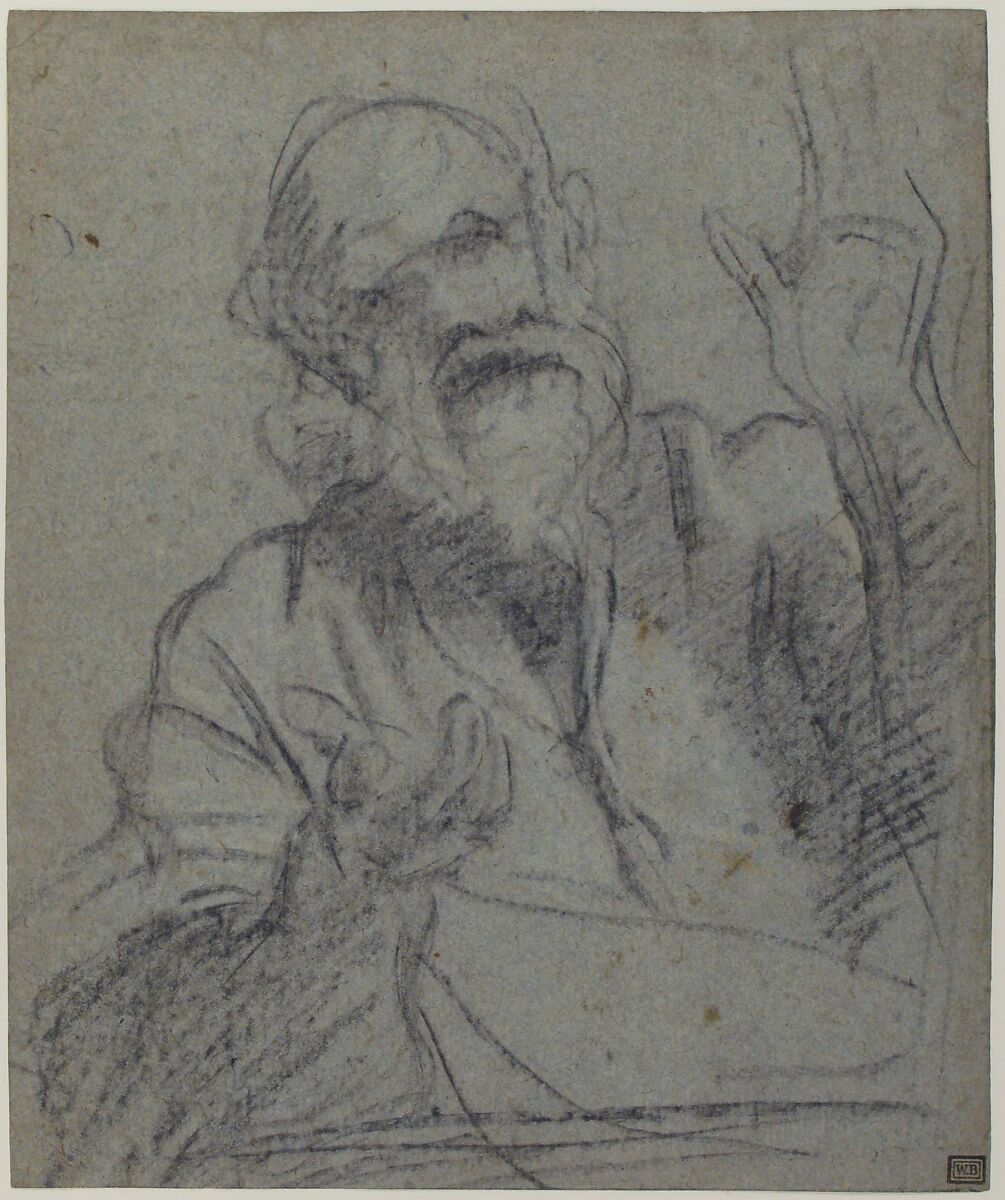 Study of an Old Man, attributed to Giacomo Cavedone (Italian, Sassuolo 1577–1660 Bologna), Charcoal, highlighted with white chalk, on blue-gray paper