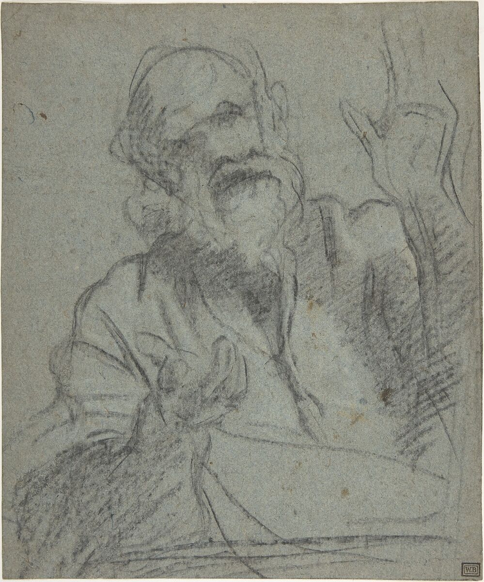 Study of an Old Man, attributed to Giacomo Cavedone (Italian, Sassuolo 1577–1660 Bologna), Charcoal, highlighted with white chalk, on blue-gray paper 