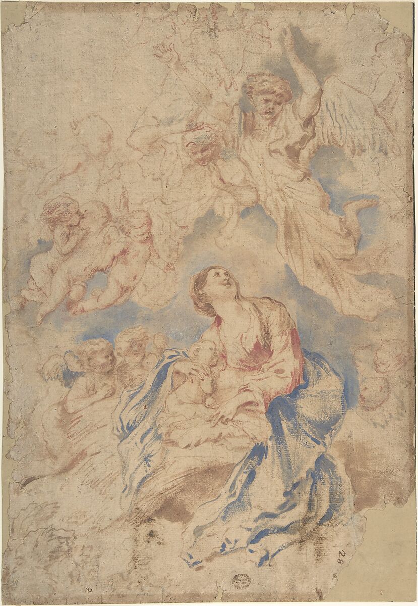Nativity with Angels, Circle of Giovanni Benedetto Castiglione (Il Grechetto) (Italian, Genoa 1609–1664 Mantua), Brush, red, blue, and brown paint, on beige paper 