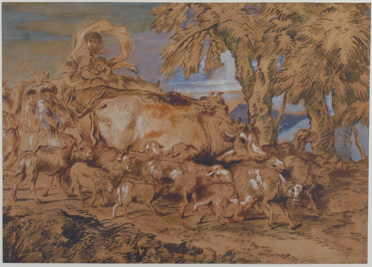 Pastoral Scene: Nomads with Sheep and Cattle, Giovanni Benedetto Castiglione (Il Grechetto) (Italian, Genoa 1609–1664 Mantua), Brush, brown, red-brown, blue, and white paint, on brownish paper