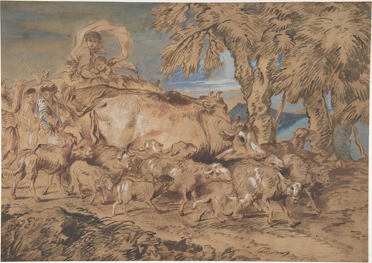 Pastoral Scene:  Nomads with Sheep and Cattle, Giovanni Benedetto Castiglione (Il Grechetto) (Italian, Genoa 1609–1664 Mantua), Brush, brown, red-brown, blue, and white paint, on brownish paper 