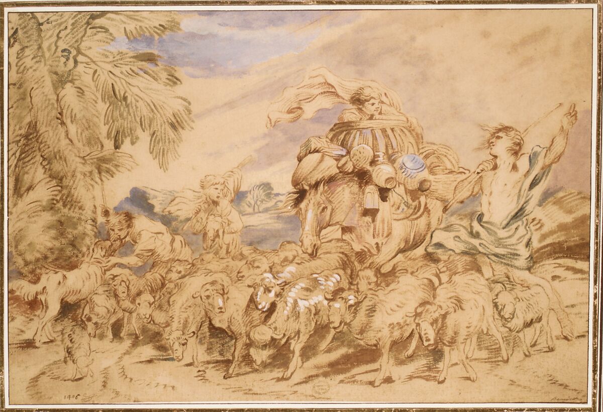 Pastoral Scene: Shepherds and Their Flock, Attributed to Michel Corneille the Younger (French, Paris 1642–1708 Paris), Brush, brown, red-brown, blue, green, and white paint