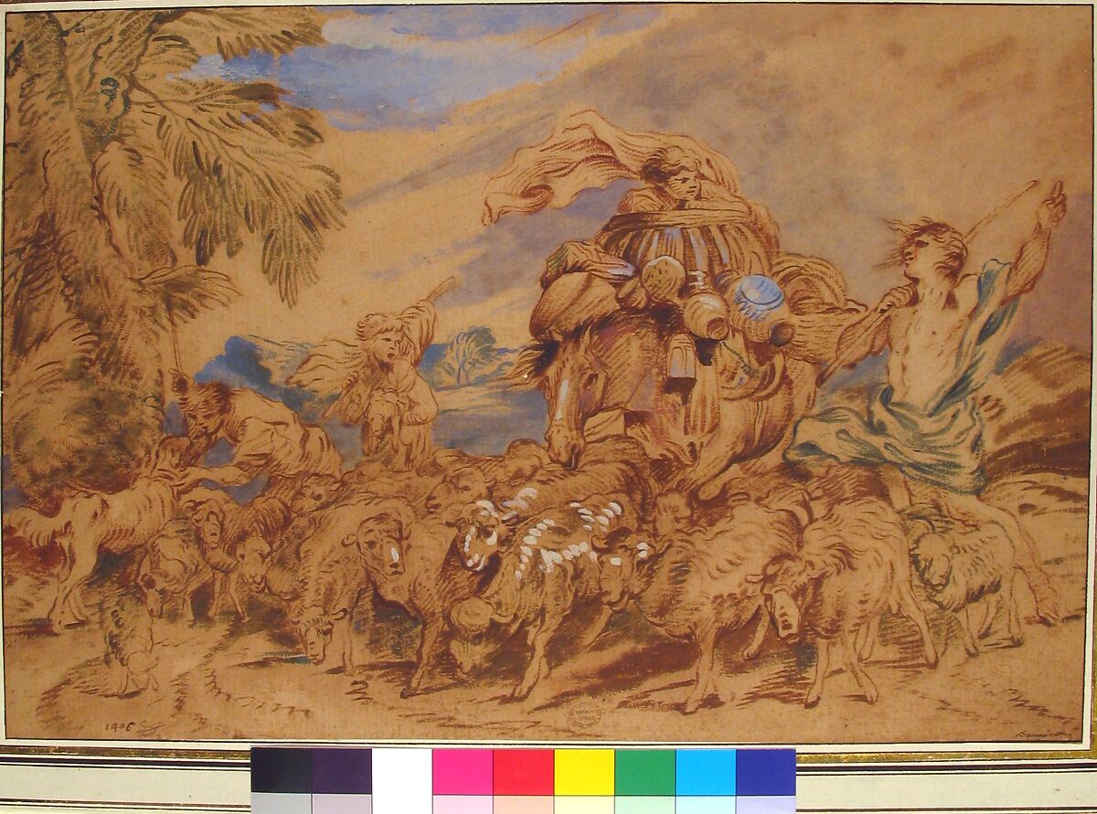 Pastoral Scene: Shepherds and Their Flock, Attributed to Michel Corneille the Younger (French, Paris 1642–1708 Paris), Brush, brown, red-brown, blue, green, and white paint
