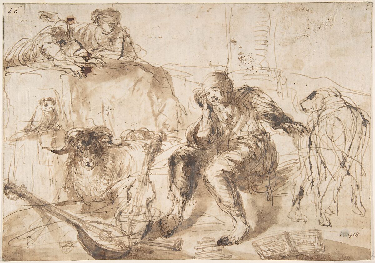 Study of Animals and Figures, Imitator of Giovanni Benedetto Castiglione (Il Grechetto) (Italian, Genoa 1609–1664 Mantua), Pen and brown ink, and brush and brown wash 