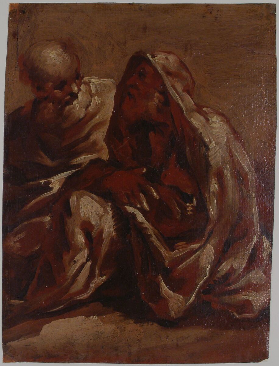 Two Seated Bearded Male Figures, Sigismondo Caula (Italian, Modena 1637–1724 Modena), Brush, red-brown and white paint. Varnished