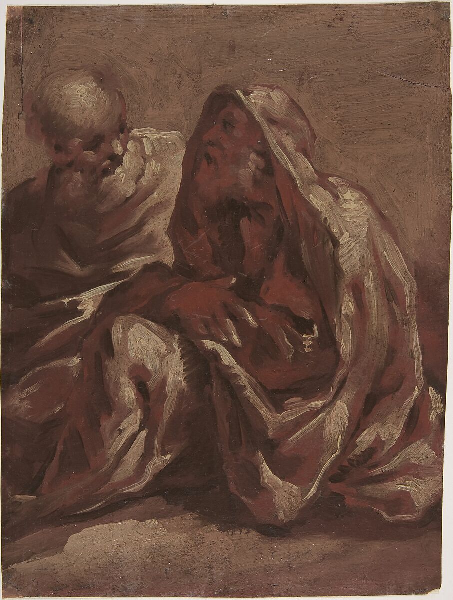 Two Seated Bearded Male Figures, Sigismondo Caula (Italian, Modena 1637–1724 Modena), Brush, red-brown and white paint. Varnished 