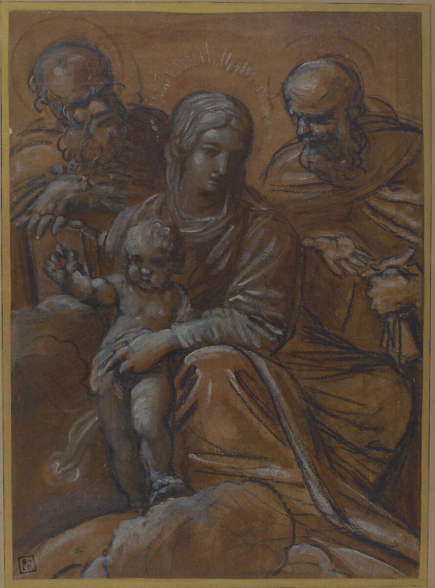 The Virgin and Child with Two Male Saints, Giacomo Cavedone (Italian, Sassuolo 1577–1660 Bologna), Charcoal, brush and brown wash, white oil paint, on brown paper