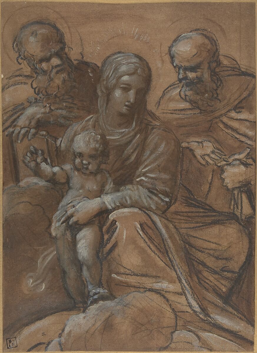 The Virgin and Child with Two Male Saints, Giacomo Cavedone (Italian, Sassuolo 1577–1660 Bologna), Charcoal, brush and brown wash, white oil paint, on brown paper 