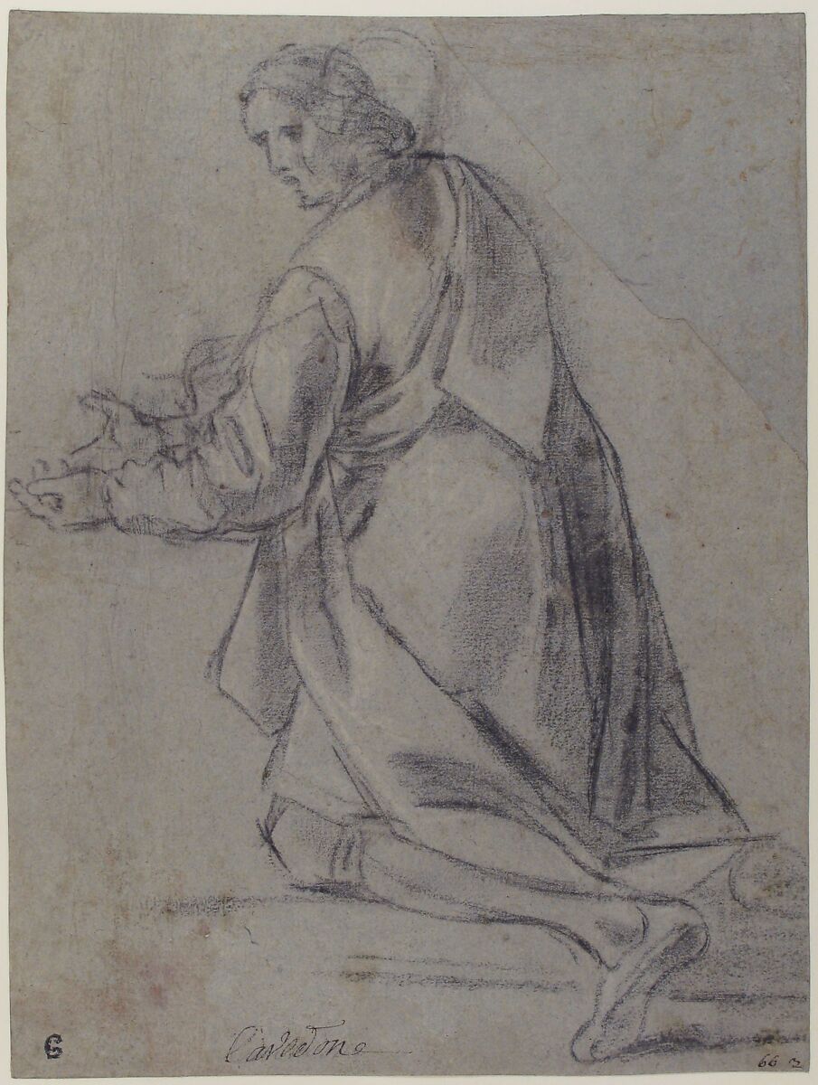 Kneeling Youth Facing Left, Giacomo Cavedone (Italian, Sassuolo 1577–1660 Bologna), Black chalk highlighted with white on blue paper