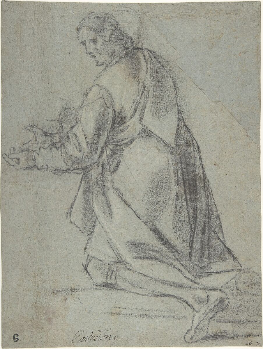 Kneeling Youth Facing Left, Giacomo Cavedone (Italian, Sassuolo 1577–1660 Bologna), Black chalk highlighted with white on blue paper 