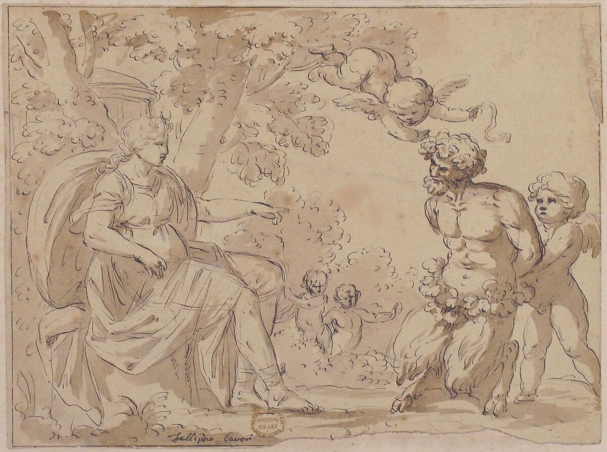 Diana and Satyr, Filippo Cavori (Italian, born 1800), Pen and Ink, brush and brown wash