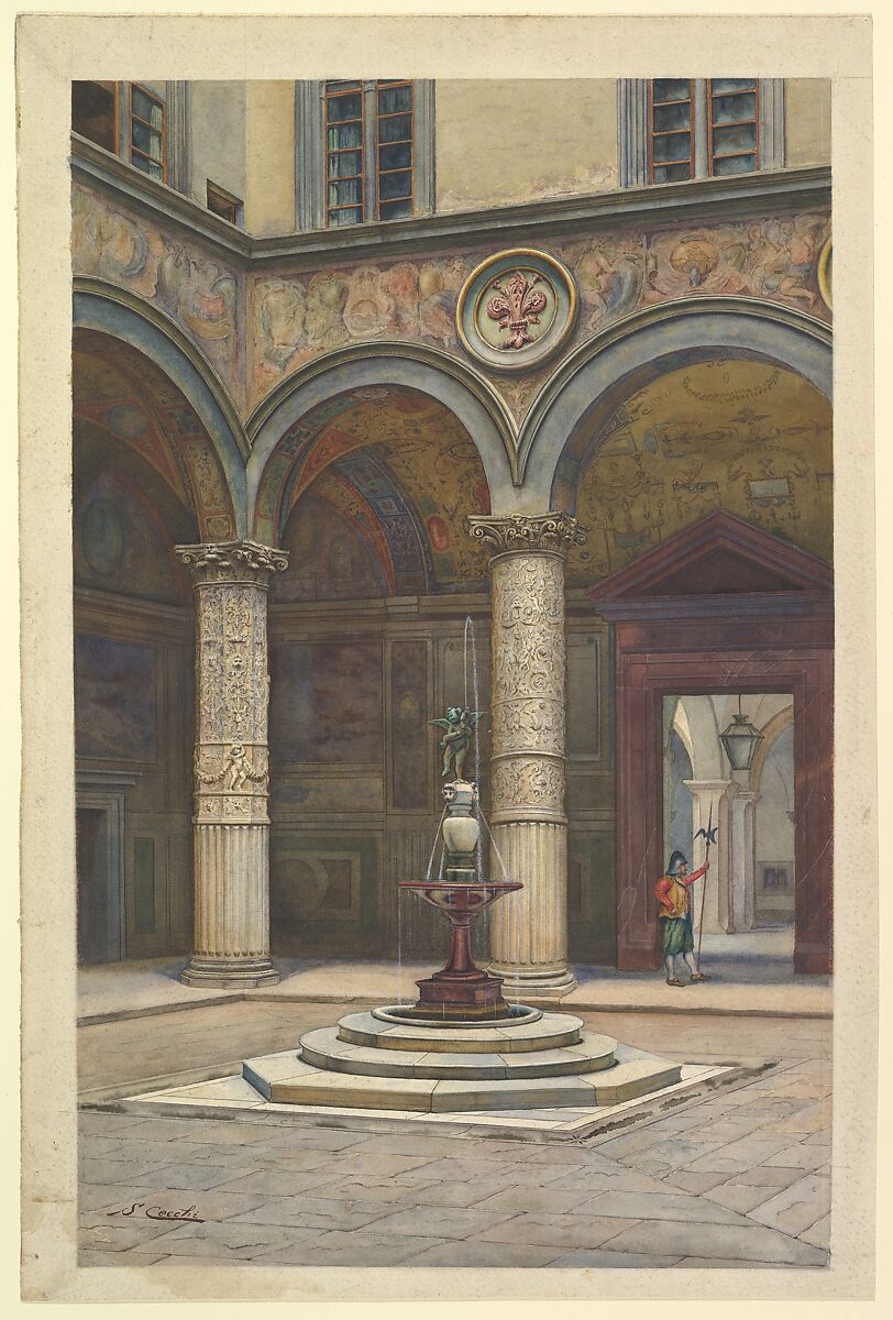 Courtyard of the Palazzo Vecchio, Florence, S. Cecchi (Italian, 19th century), Watercolor 