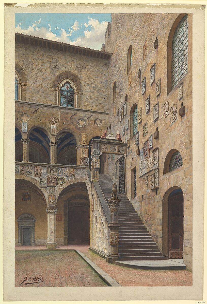 View of the Bargello Courtyard in Florence, S. Cecchi (Italian, 19th century), Watercolor 