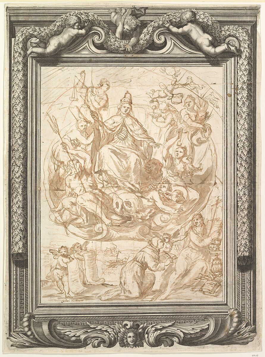 Allegory of Venetian Power, attributed to Andrea Celesti (Italian, Venice 1637–1712 Venice), Pen and brown ink, brush and brown wash, over red chalk 