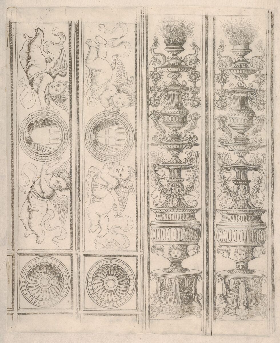 Sheet of border segments: two candelabra and two horizontal pieces with putti, two corners, from Life of the Virgin and Christ, Francesco Rosselli  Italian, Engraving