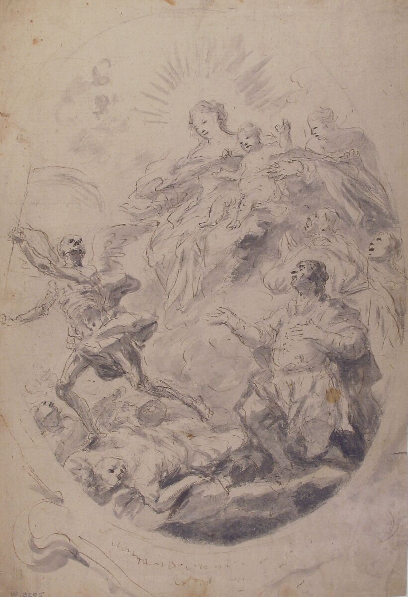The Virgin and Child Intervening for Victims of the Plague (recto); Seated Female Figure (verso), attributed to Geronimo Cenatiempo (Girolamo Cenatempo) (Italian, documented Naples 1705–1741 Naples), Pen and brown ink, brush and gray wash, over black chalk (recto); small black chalk sketch of a seated female figure (verso)