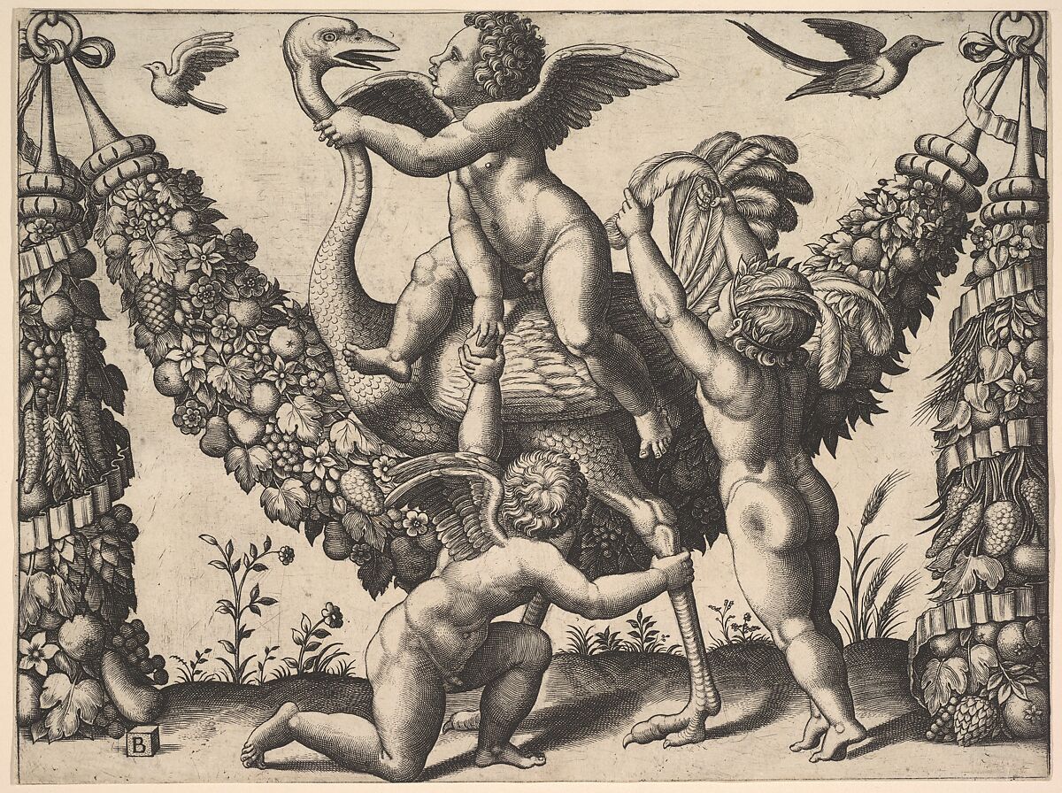Three putti before a large garland, the one in the middle rides an ostrich, from a series of tapestries made for Leo X, Master of the Die (Italian, active Rome, ca. 1530–60), engraving; first state of two 