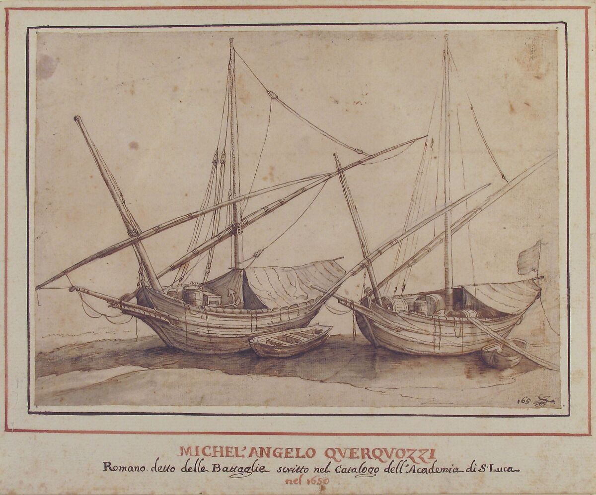 Four Boats, attributed to Michelangelo Cerquozzi (Michelangelo delle Battaglie) (Italian, Rome 1602–1660 Rome), Pen and brown ink, brush and brown wash, over traces of black chalk