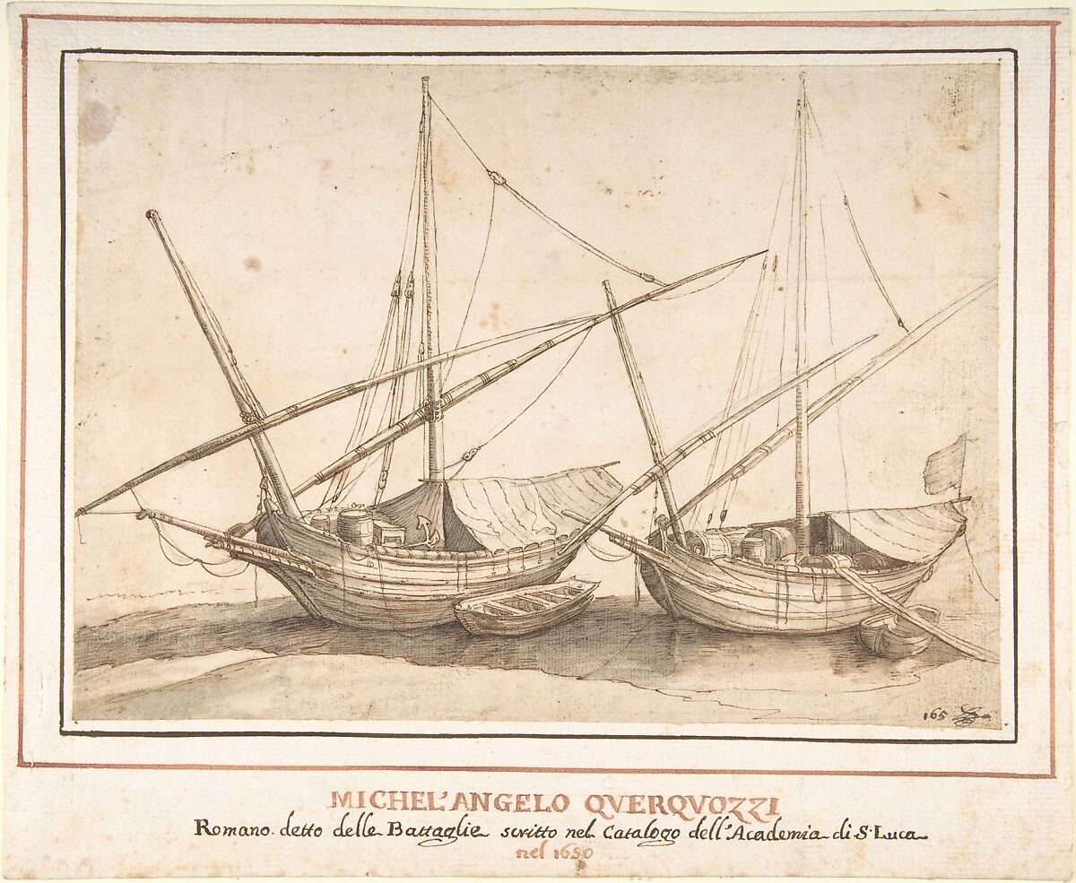 Four Boats, attributed to Michelangelo Cerquozzi (Michelangelo delle Battaglie) (Italian, Rome 1602–1660 Rome), Pen and brown ink, brush and brown wash, over traces of black chalk 