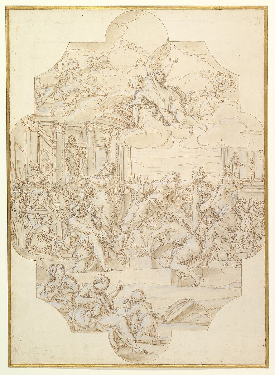 The Martyrdom of Saint Anastasia, Michelangelo Cerruti ("Il Candelottaro") (Italian, Rome 1663–1748 Rome), Pen and brown ink, brush and pale brown wash, highlighted with white gouache, over black chalk 
