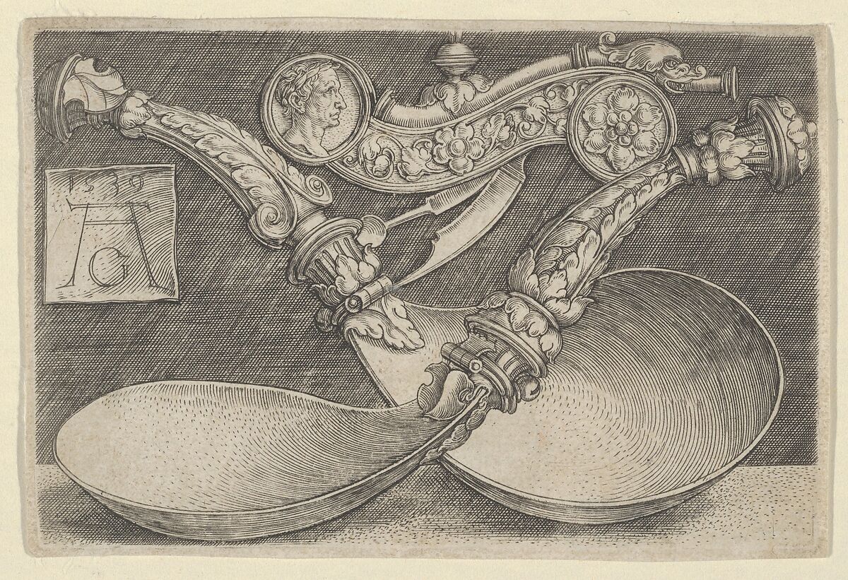 Design for Two Spoons and a Dog Whistle, Heinrich Aldegrever (German, Paderborn ca. 1502–1555/1561 Soest), Engraving 