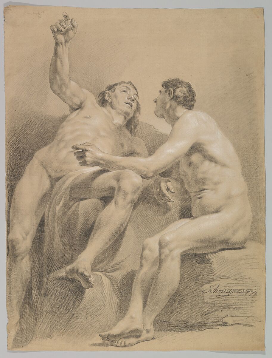 Two Male Nudes, One Seated and One Semi-reclining, Jakob Matthias Schmutzer (Austrian, Vienna 1733–1811 Vienna), Black chalk heightened with white 