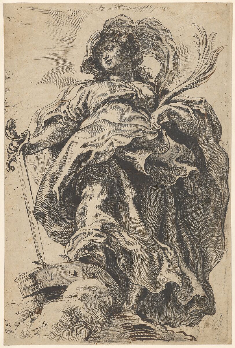 Saint Catherine of Alexandria, Peter Paul Rubens (Flemish, Siegen 1577–1640 Antwerp), Etching, counterproof of the first state of three, with corrections in pen and brown ink and black chalk 