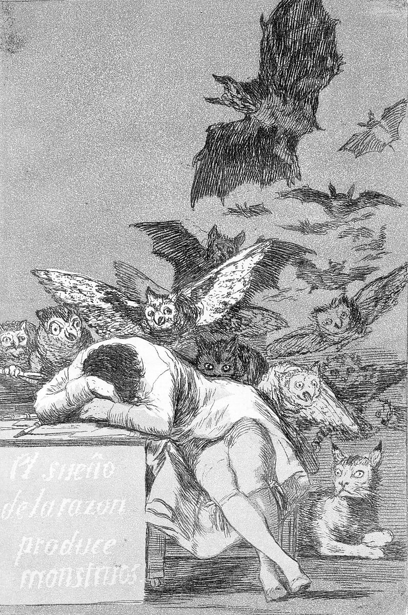 Plate 43 from "Los Caprichos": The sleep of reason produces monsters (El sueño de la razon produce monstruos), Goya (Francisco de Goya y Lucientes) (Spanish, Fuendetodos 1746–1828 Bordeaux), Etching, aquatint