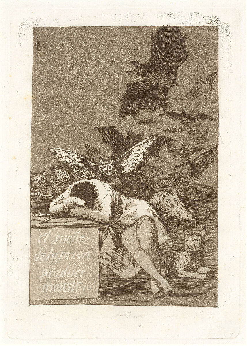 Plate 43 from "Los Caprichos": The sleep of reason produces monsters (El sueño de la razon produce monstruos), Goya (Francisco de Goya y Lucientes) (Spanish, Fuendetodos 1746–1828 Bordeaux), Etching, aquatint