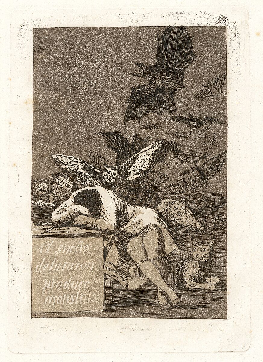 Plate 43 from "Los Caprichos": The sleep of reason produces monsters (El sueño de la razon produce monstruos), Goya (Francisco de Goya y Lucientes) (Spanish, Fuendetodos 1746–1828 Bordeaux), Etching, aquatint