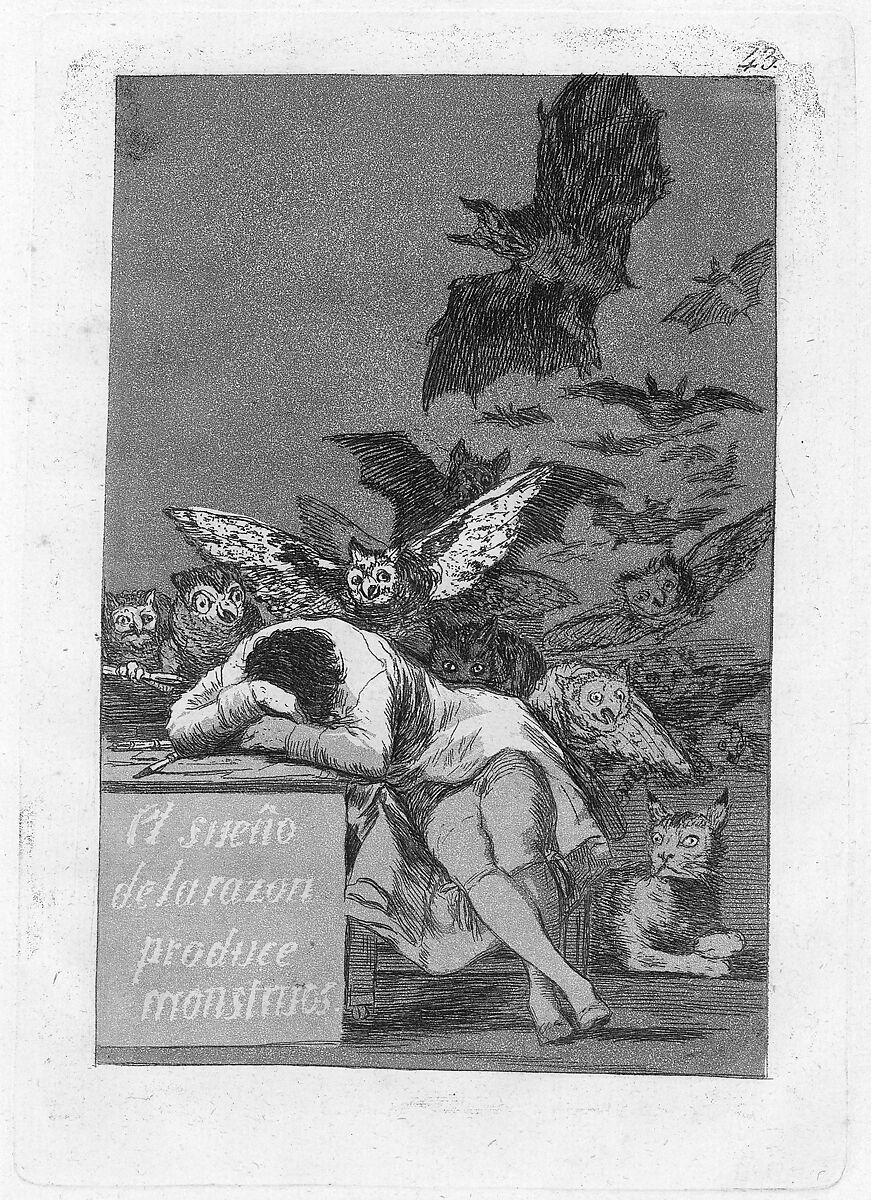 Plate 43 from "Los Caprichos": The sleep of reason produces monsters (El sueño de la razon produce monstruos), Goya (Francisco de Goya y Lucientes) (Spanish, Fuendetodos 1746–1828 Bordeaux), Etching, aquatint