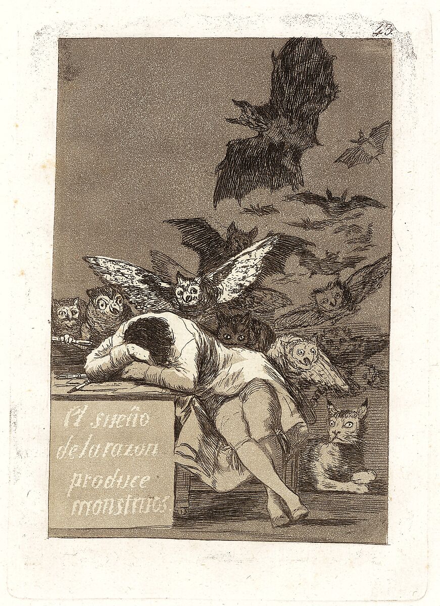 Plate 43 from "Los Caprichos": The sleep of reason produces monsters (El sueño de la razon produce monstruos), Goya (Francisco de Goya y Lucientes) (Spanish, Fuendetodos 1746–1828 Bordeaux), Etching, aquatint