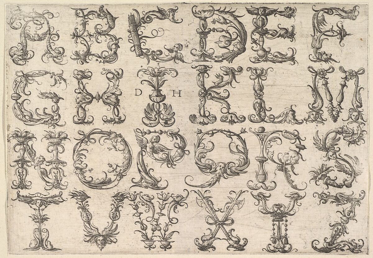 Ornamented Roman Majuscule Alphabet, Daniel Hopfer (German, Kaufbeuren 1471–1536 Augsburg), Etching; first state of two 