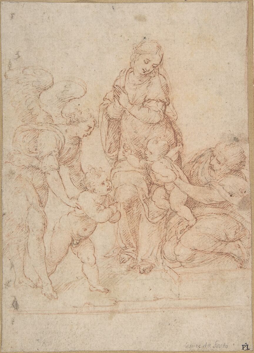 The Holy Family with the Infant St. John the Baptist and an Angel, Cesare da Sesto (Italian, Sesto Calende 1477–1523 Milan), Pen and brown ink over red chalk 