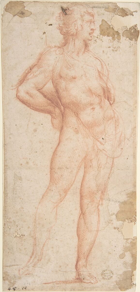 Standing Nude Man (Bacchus), Workshop of Cavaliere d&#39;Arpino (Giuseppe Cesari) (Italian, Arpino 1568–1640 Rome), Red chalk 