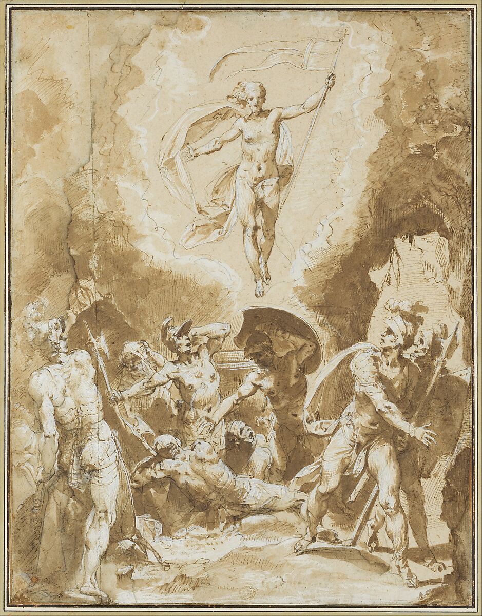 The Resurrection, Cavaliere d&#39;Arpino (Giuseppe Cesari) (Italian, Arpino 1568–1640 Rome), Pen and brown ink, brush and brown wash, highlighted with white, over black chalk 