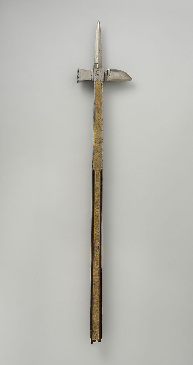 War Hammer or Pollaxe, Steel, copper alloy, wood, bone, German 