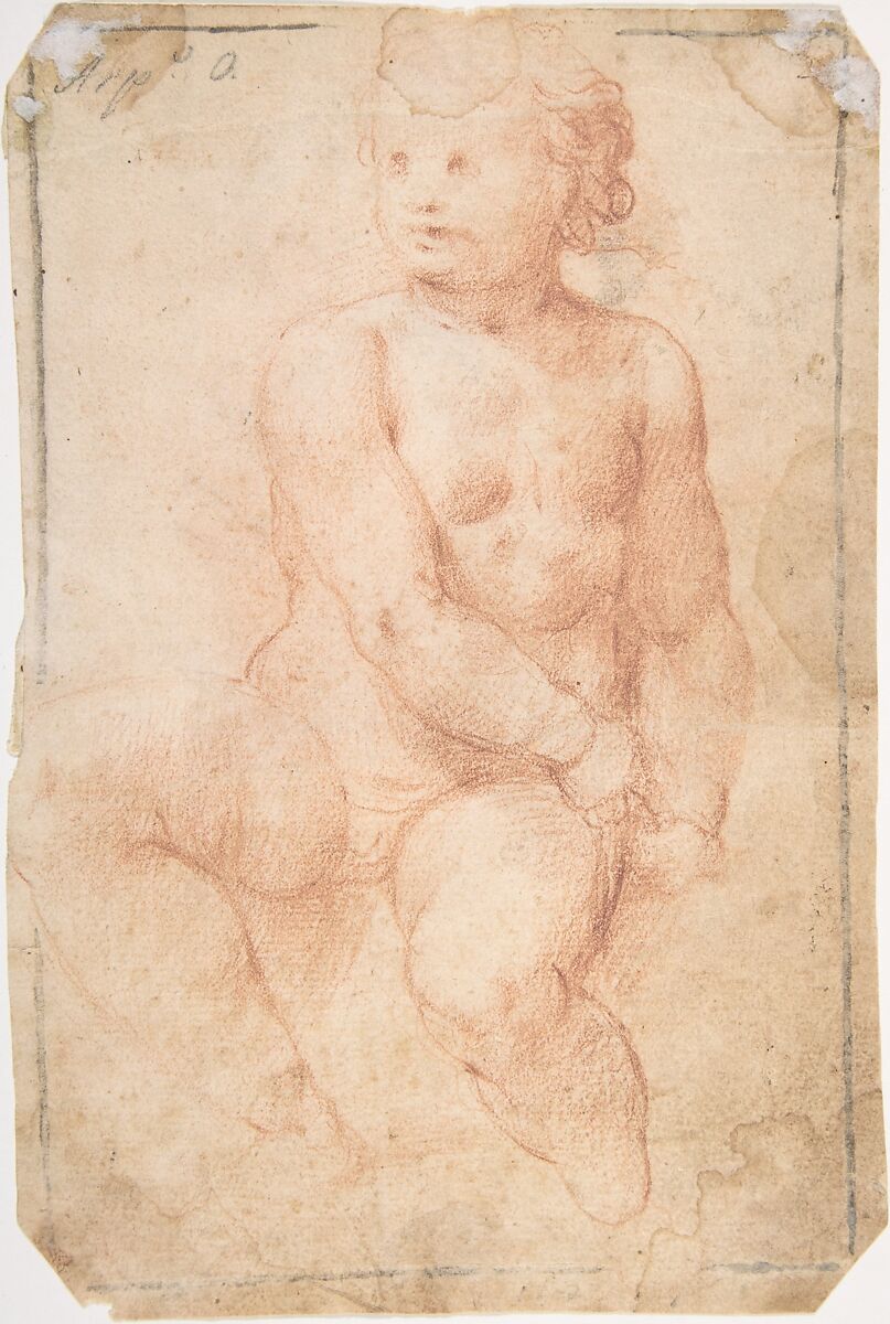 Study of a Seated Putto Looking at His Right (recto); A Woman's Head, Study after the Antique (verso), Anonymous Roman (?), Early 17th Century, Red chalk; framing lines in black chalk 