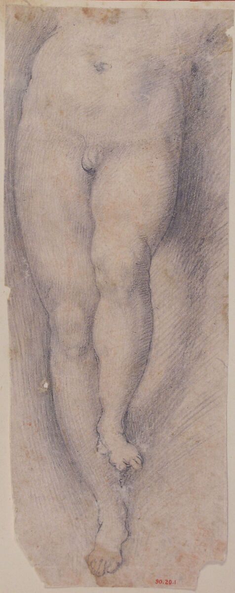 Study for Lower Part of Torso and Legs of a Young Boy, Pomarancio (Cristoforo Roncalli) (Italian, Pomarance ca. 1553–1626 Rome), Black chalk, traces of red chalk