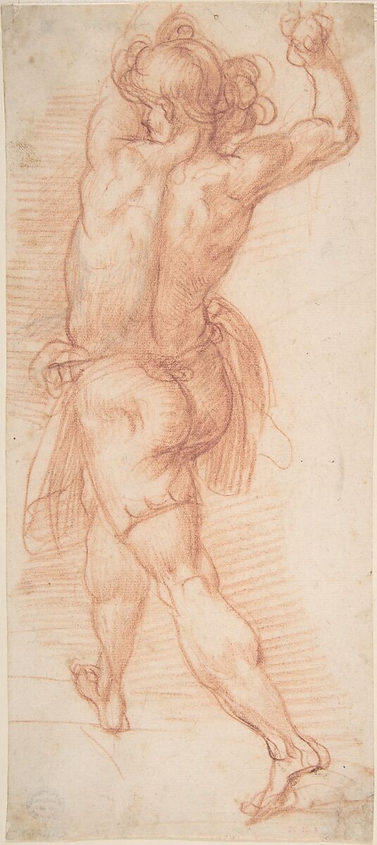 Figure of a Man Throwing Stones (recto); Study of a Man (?) (verso), Cavaliere d&#39;Arpino (Giuseppe Cesari) (Italian, Arpino 1568–1640 Rome), Red chalk (recto); black chalk (verso) 
