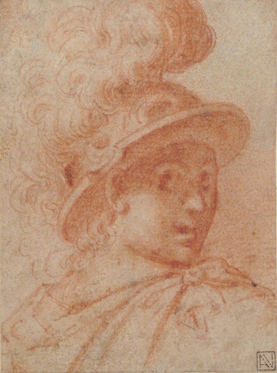 Bust of a Warrior Wearing a Plumed Helmet, Looking Toward Spectator Over His Right Shoulder (recto); Sketch of a Leg (verso), Camillo Procaccini (Italian, Bologna 1555–1629 Milan), Red chalk on light brown paper