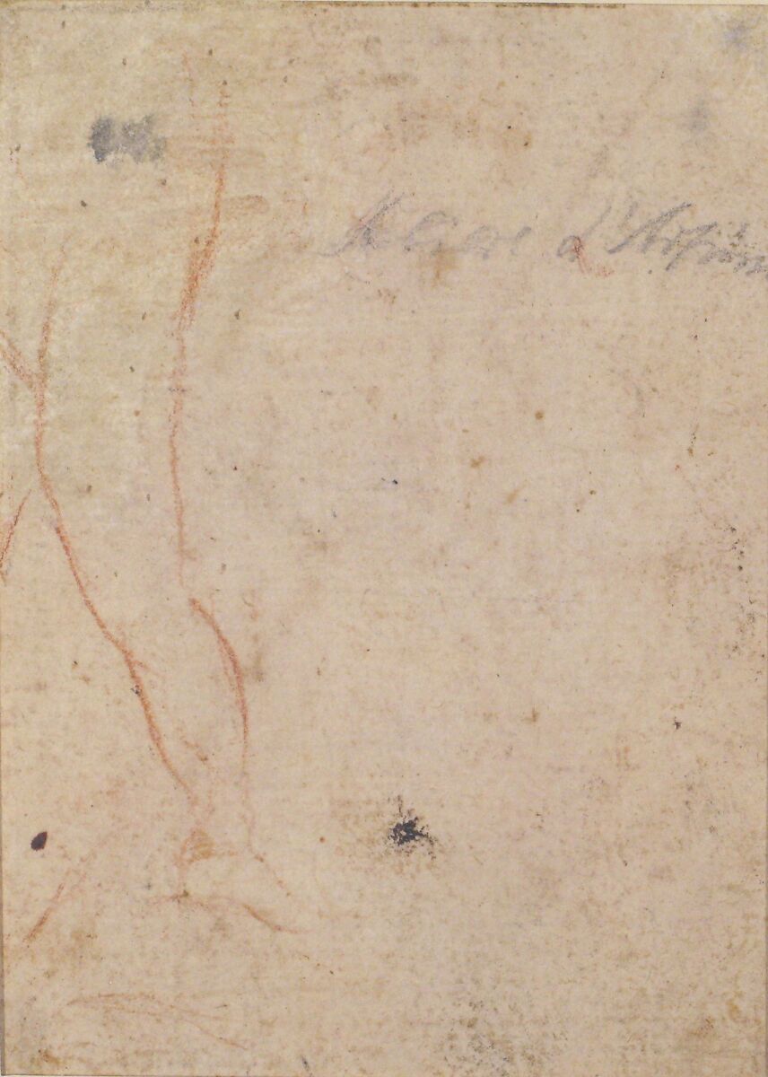 Bust of a Warrior Wearing a Plumed Helmet, Looking Toward Spectator Over His Right Shoulder (recto); Sketch of a Leg (verso), Camillo Procaccini (Italian, Bologna 1555–1629 Milan), Red chalk on light brown paper