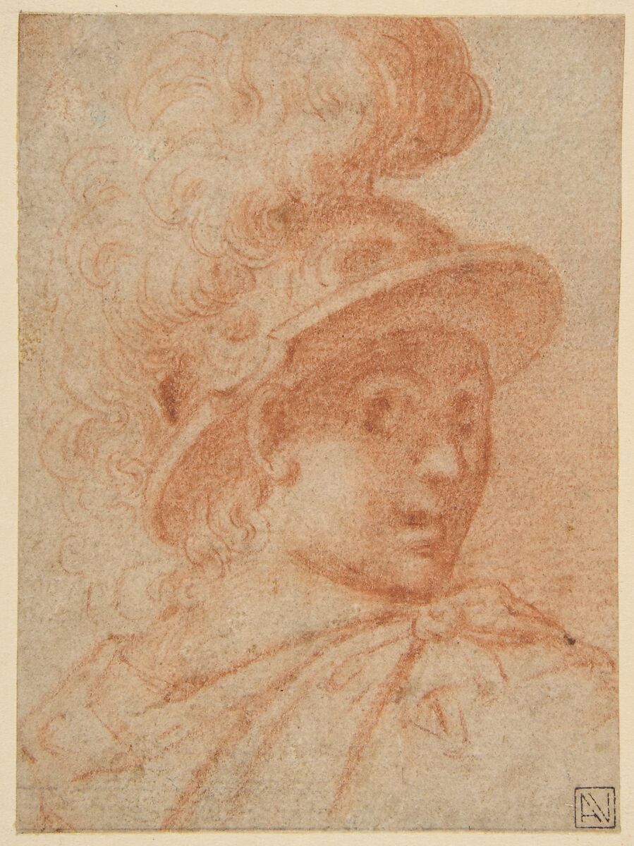 Bust of a Warrior Wearing a Plumed Helmet, Looking Toward Spectator Over His Right Shoulder (recto); Sketch of a Leg (verso), Camillo Procaccini (Italian, Bologna 1555–1629 Milan), Red chalk on light brown paper 